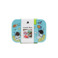 3-compartment plastic lunch box with astronaut-themed teal lid and lime side panel