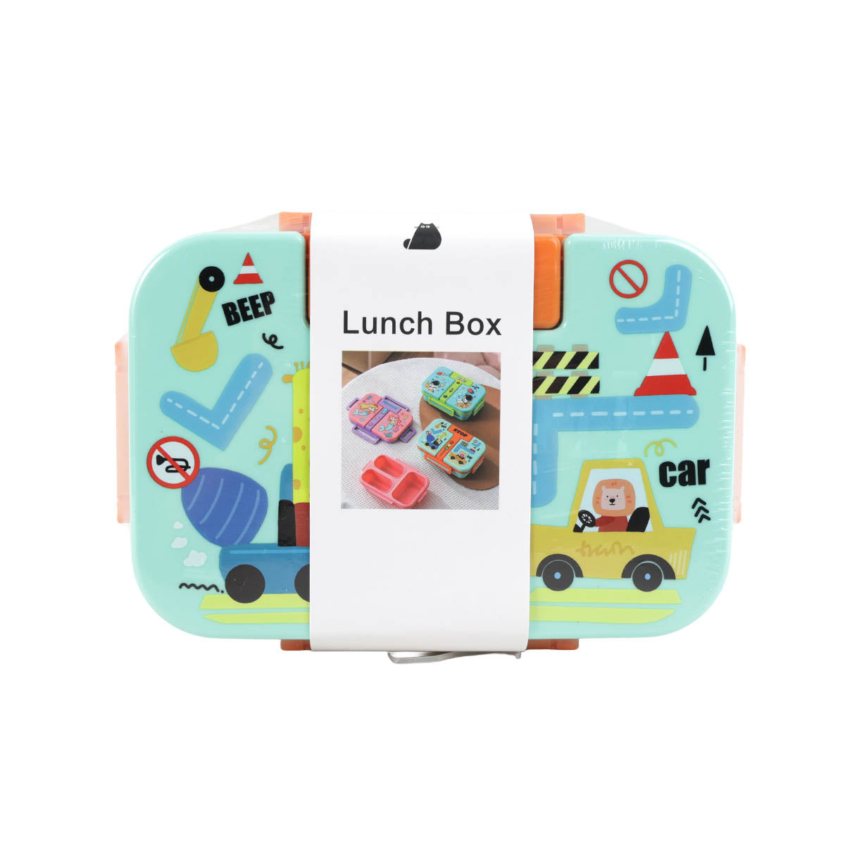 3-compartment plastic lunch box with traffic-themed light blue lid and orange side panel
