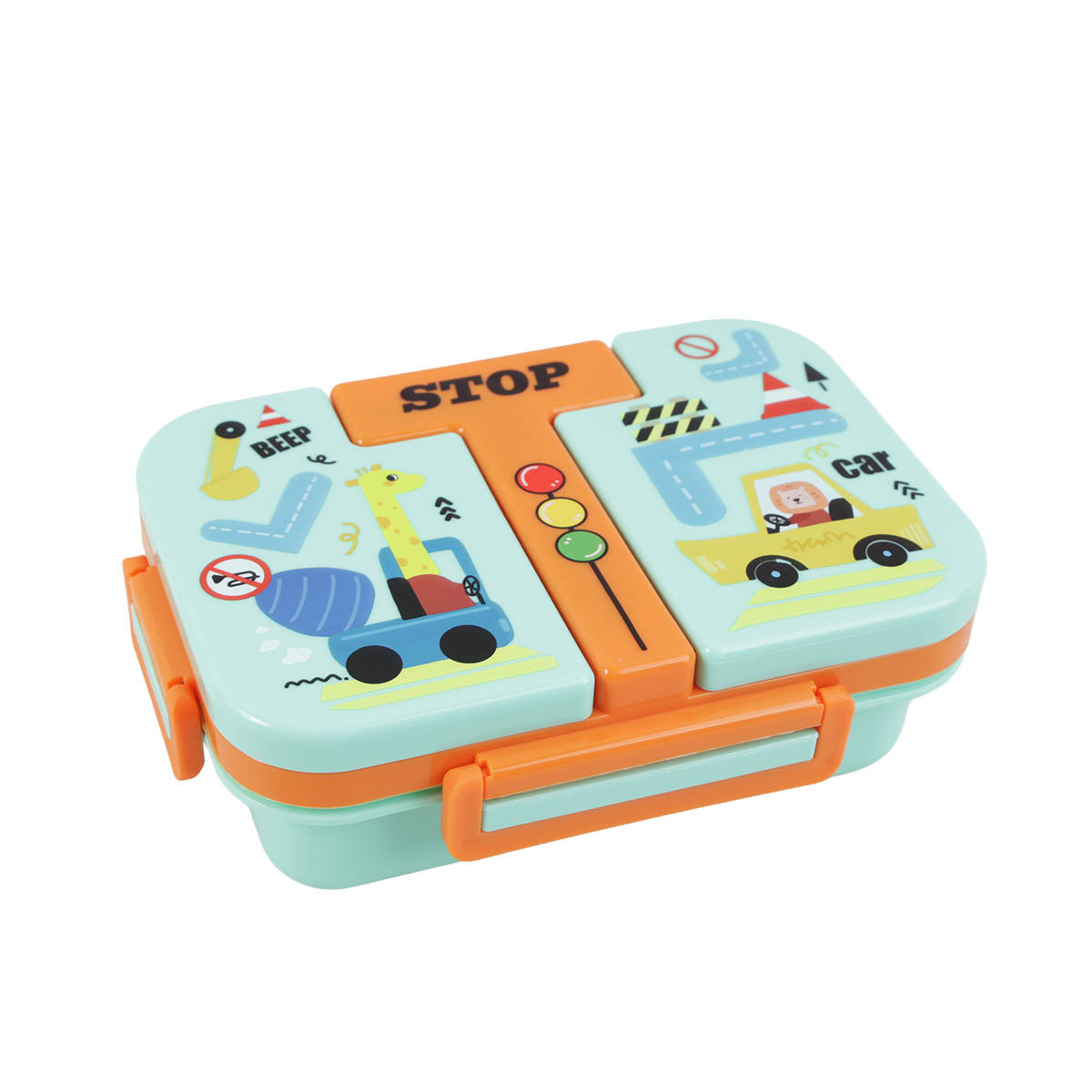 3-compartment plastic lunch box with orange handle and STOP-and-car graphic lid