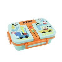 3-compartment plastic lunch box with orange handle and STOP-and-car graphic lid