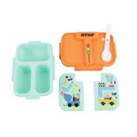 3-compartment plastic lunch box with teal base and open orange lid