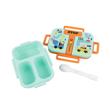 3-compartment plastic lunch box with teal base, orange lid, and attached white spoon