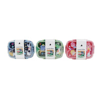 3-compartment plastic lunch containers set in blue, green, and pink with snap lids
