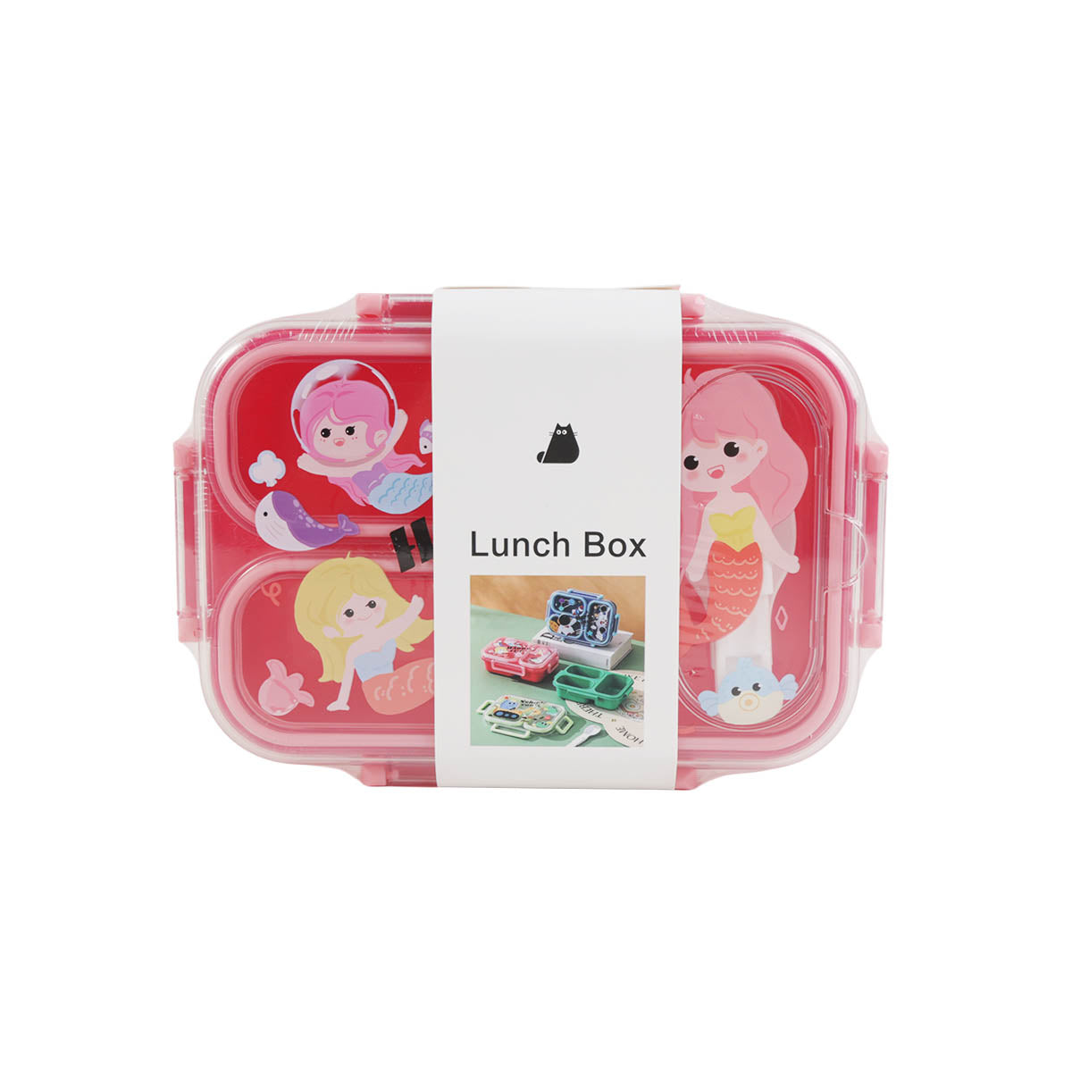 Pink 3-compartment plastic lunch container with snap lid, 850 ml capacity