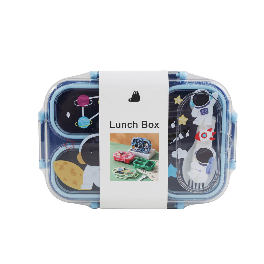 Blue 3-compartment plastic lunch container with snap lid, 850 ml capacity