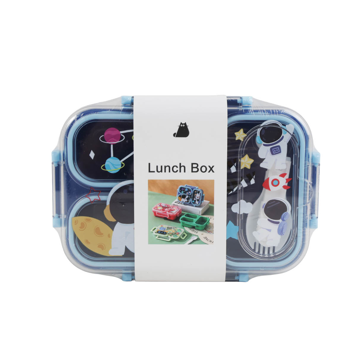 Blue 3-compartment plastic lunch container with snap lid, 850 ml capacity