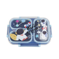Blue 3-compartment plastic lunch container with hinged lid, 850 ml capacity