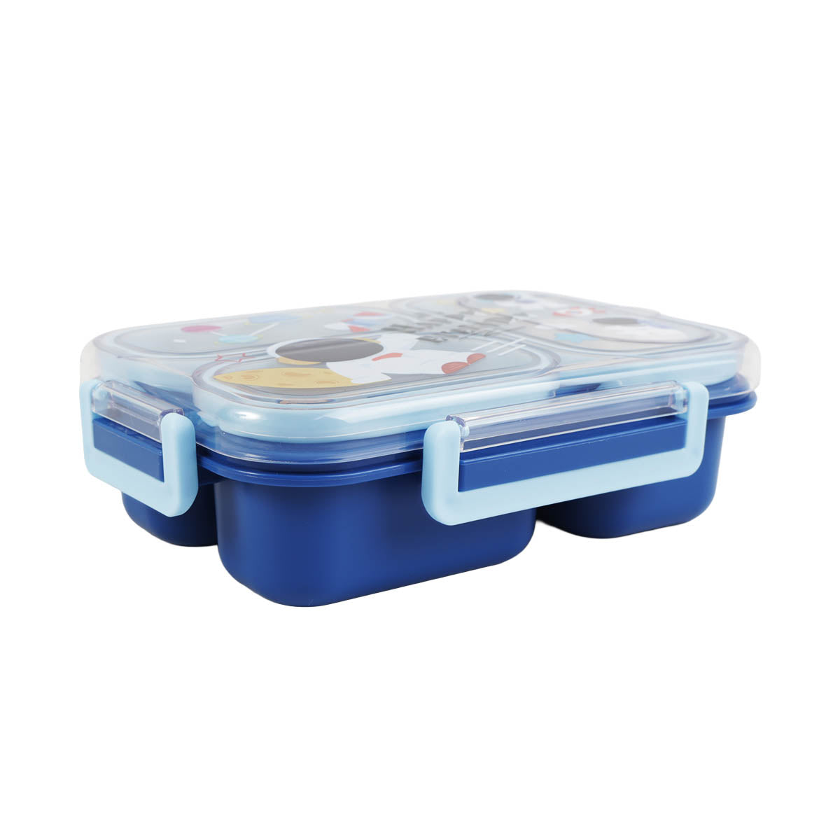 Blue 3-compartment plastic lunch container with fold-down latches, 850 ml