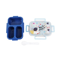 Blue 3-compartment plastic lunch container opened to show three sections, 850 ml