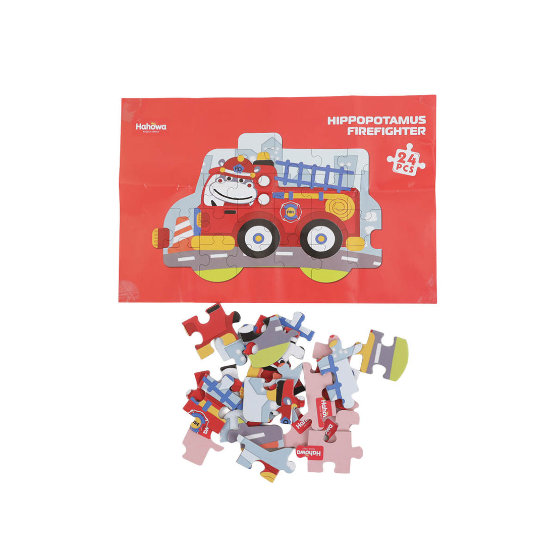 24-piece puzzle set box with hippopotamus firefighter fire engine theme and loose pieces