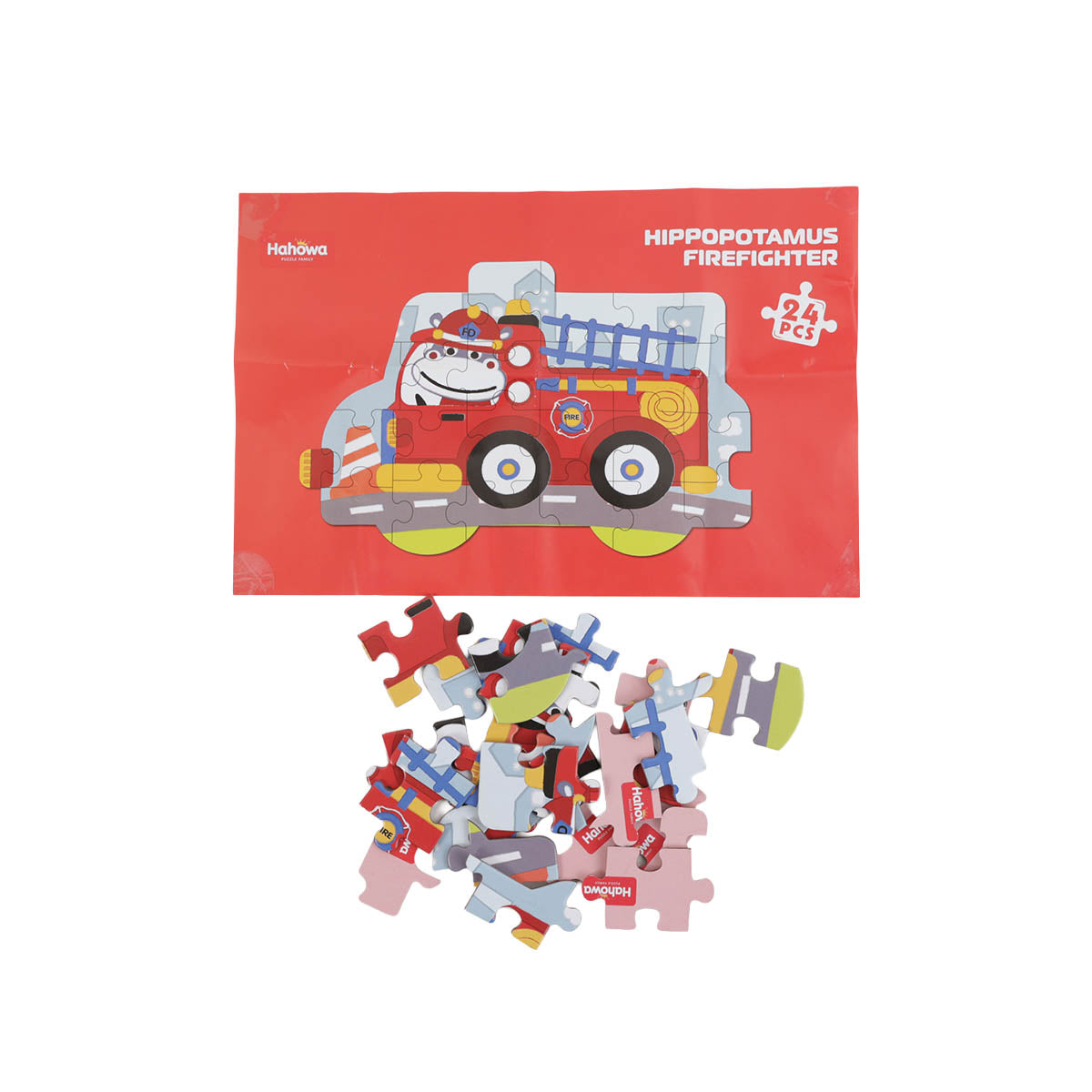 24-piece puzzle set box with hippopotamus firefighter fire engine theme and loose pieces