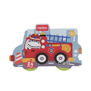 Fire engine jigsaw puzzle, red cartoon fire truck with blue ladder, 24 pieces