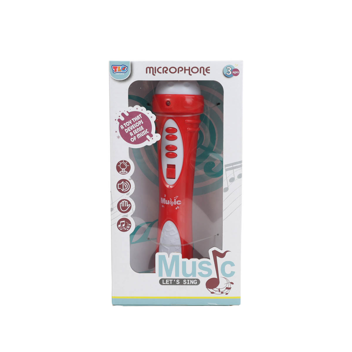 Red toy microphone in retail box with music-themed graphics