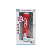 Red toy microphone in retail box with music-themed graphics
