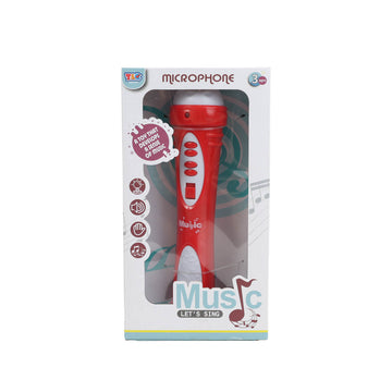 Red toy microphone in retail box with music-themed graphics