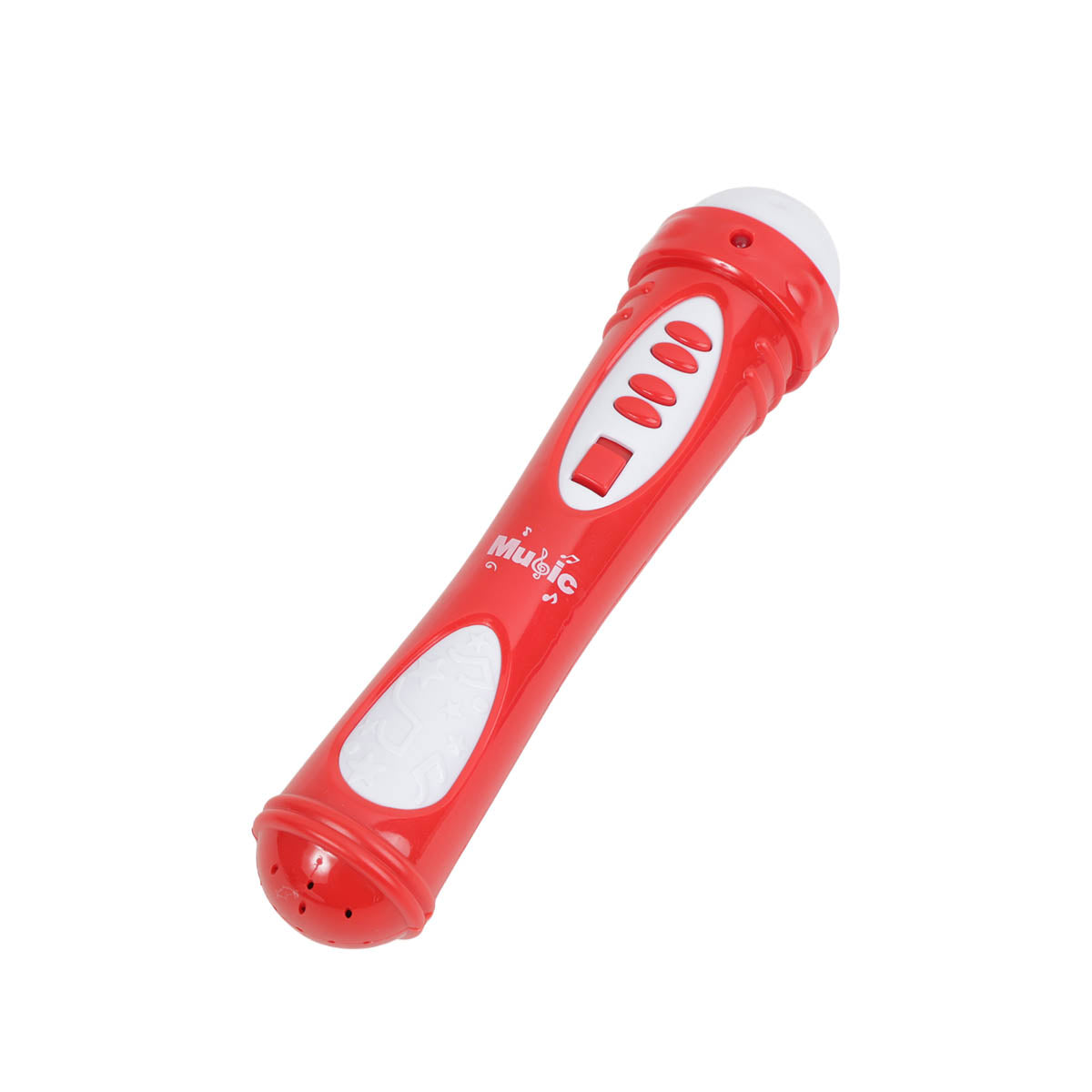 Red toy microphone with white sound grille and button panel