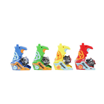 Four handheld car launchers shown in blue green yellow and red