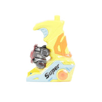 Yellow handheld launcher with attached mini vehicle