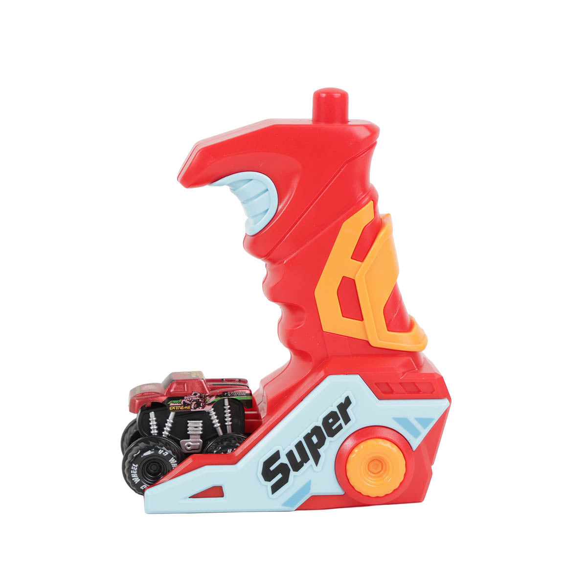 Red handheld launcher and black-wheeled mini vehicle