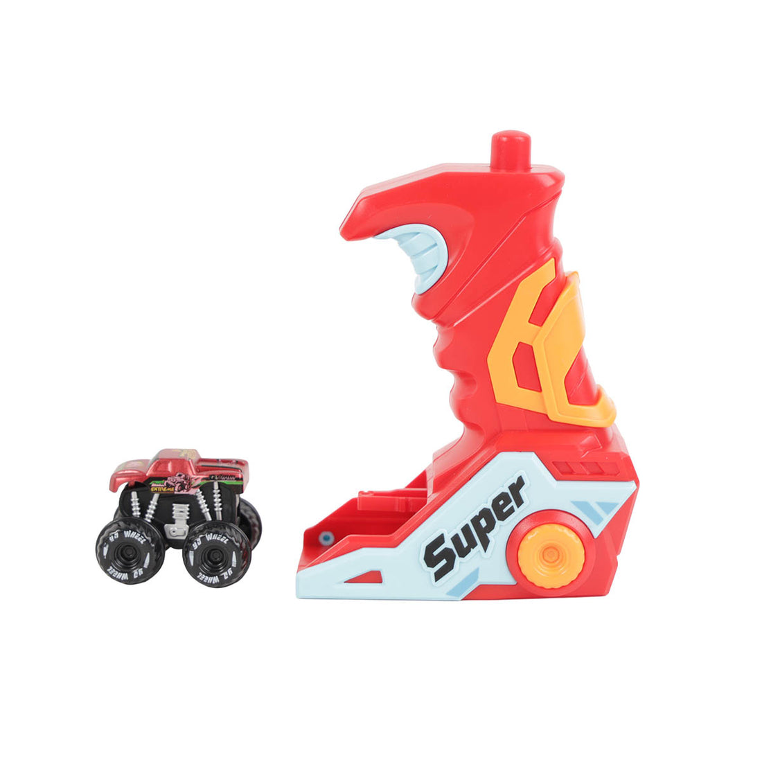 Red handheld car launcher with a small red toy vehicle beside it