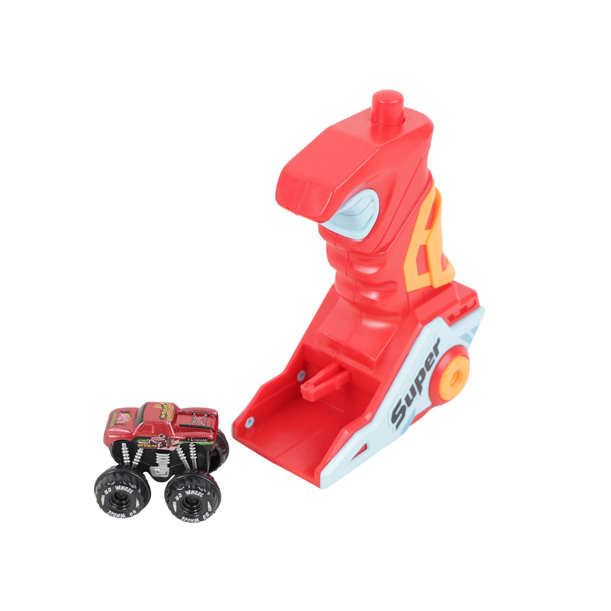 Angled view of red launcher with mini vehicle ready to load