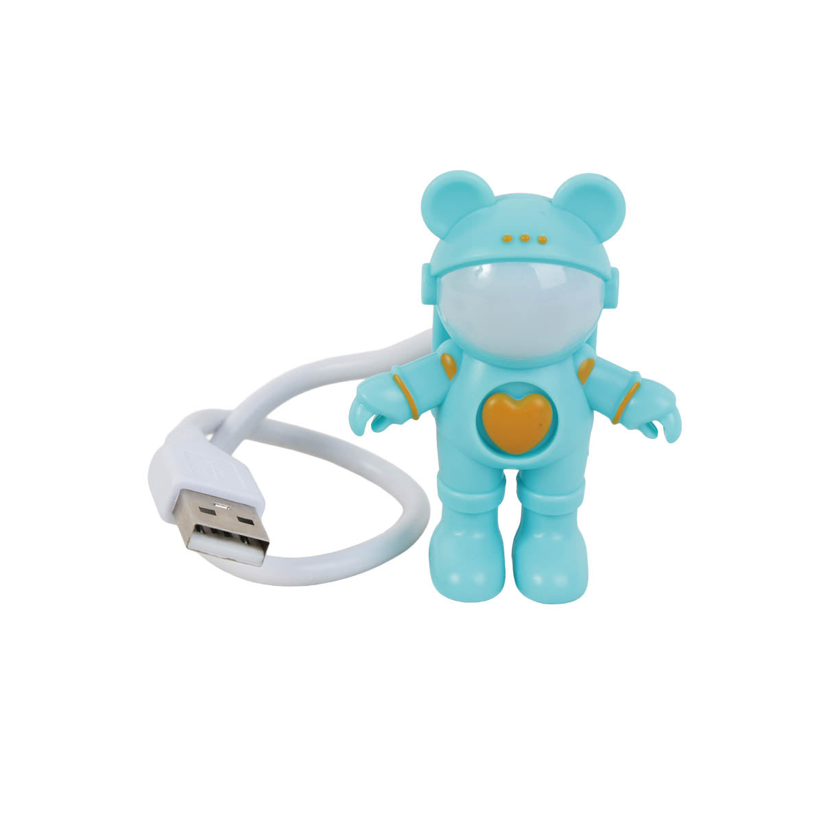 Blue bear astronaut lamp beside its white USB cable
