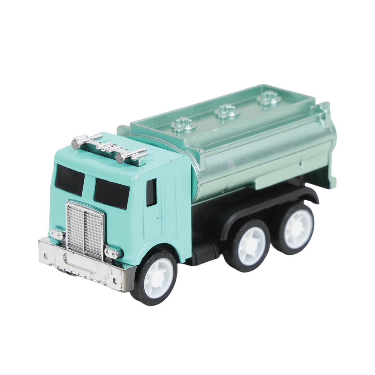 Teal alloy toy car with black cargo bed and dual white wheels