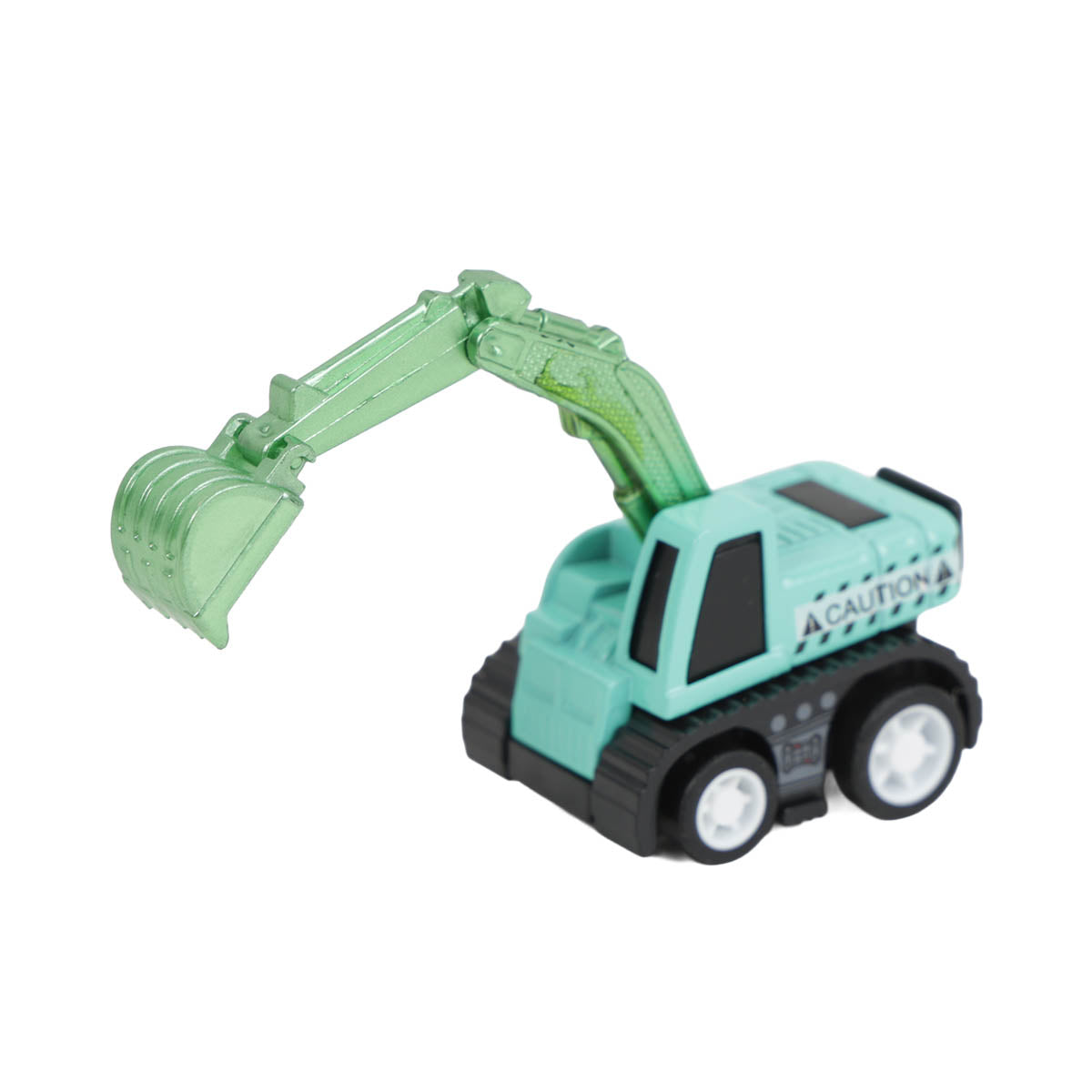 Light green alloy toy car with extendable crane arm and bucket