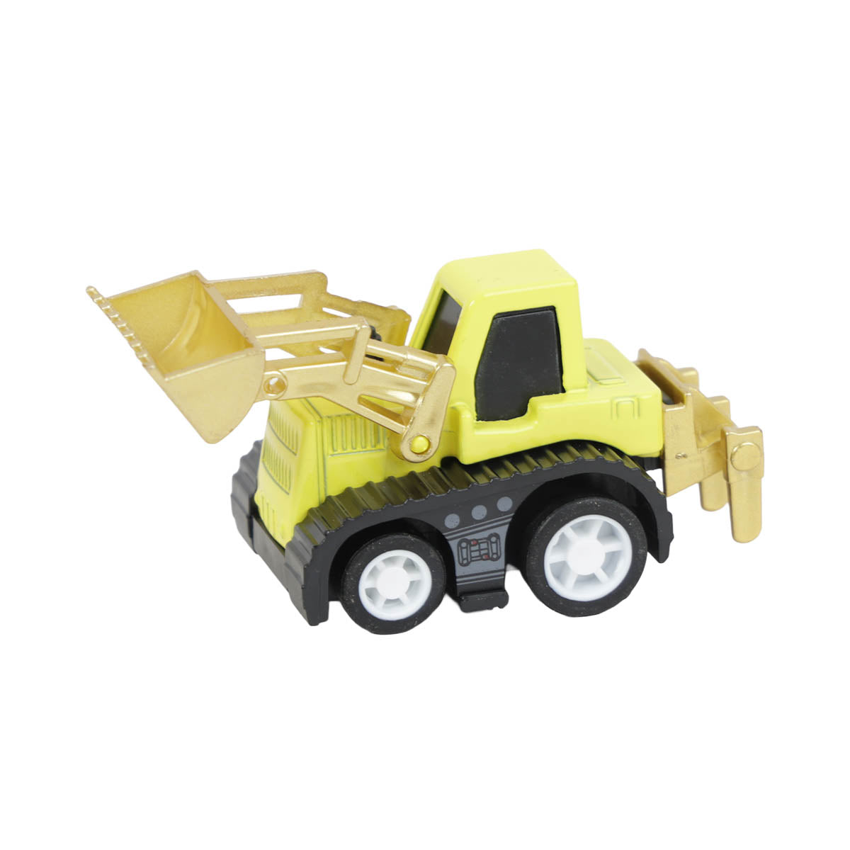 Yellow alloy toy car with front scoop bucket and articulated arms