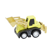 Yellow alloy toy car with front scoop bucket and articulated arms