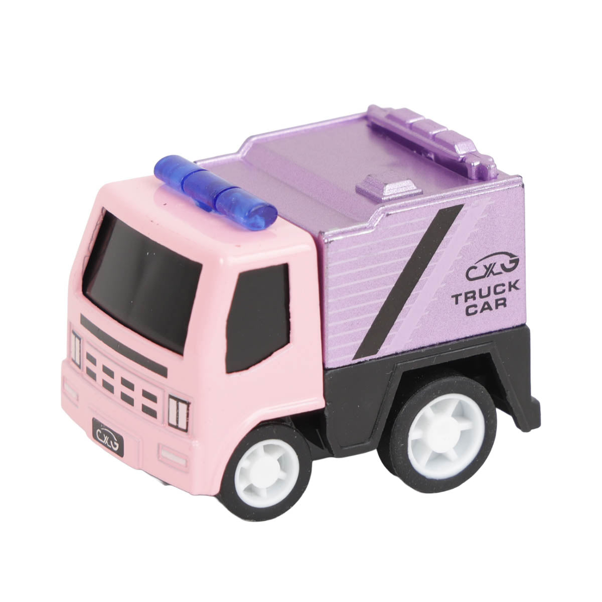 Pink alloy toy car with purple cargo box and blue roof light