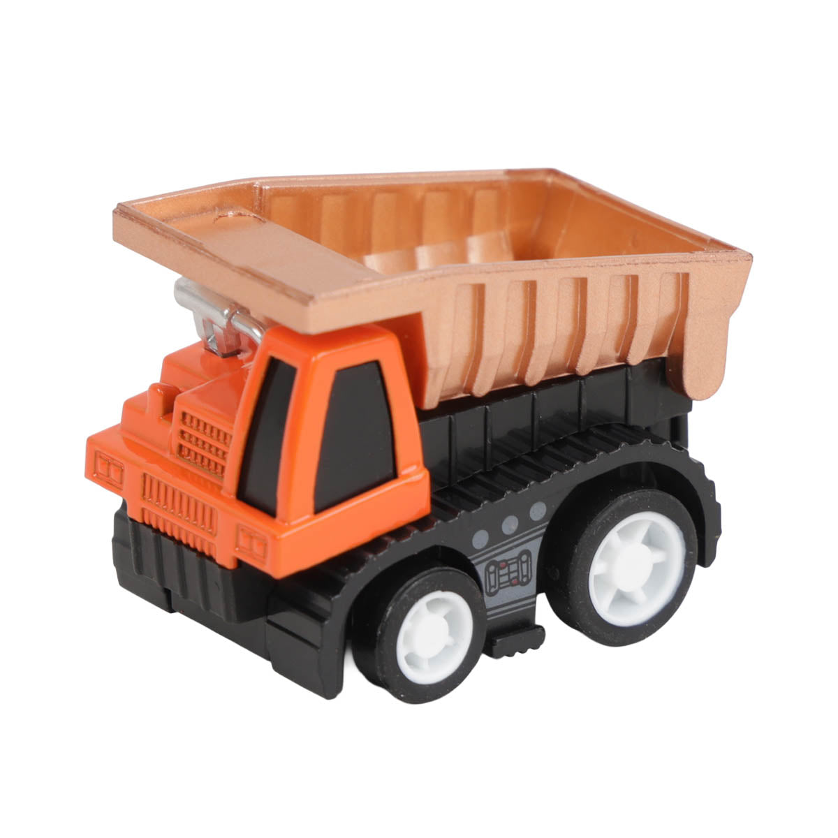 Orange alloy toy car with open-top dump bed and black chassis
