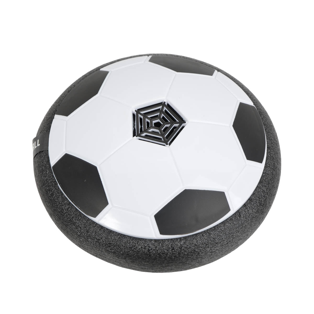 White soccer ball with black panels and central 3-LED light module