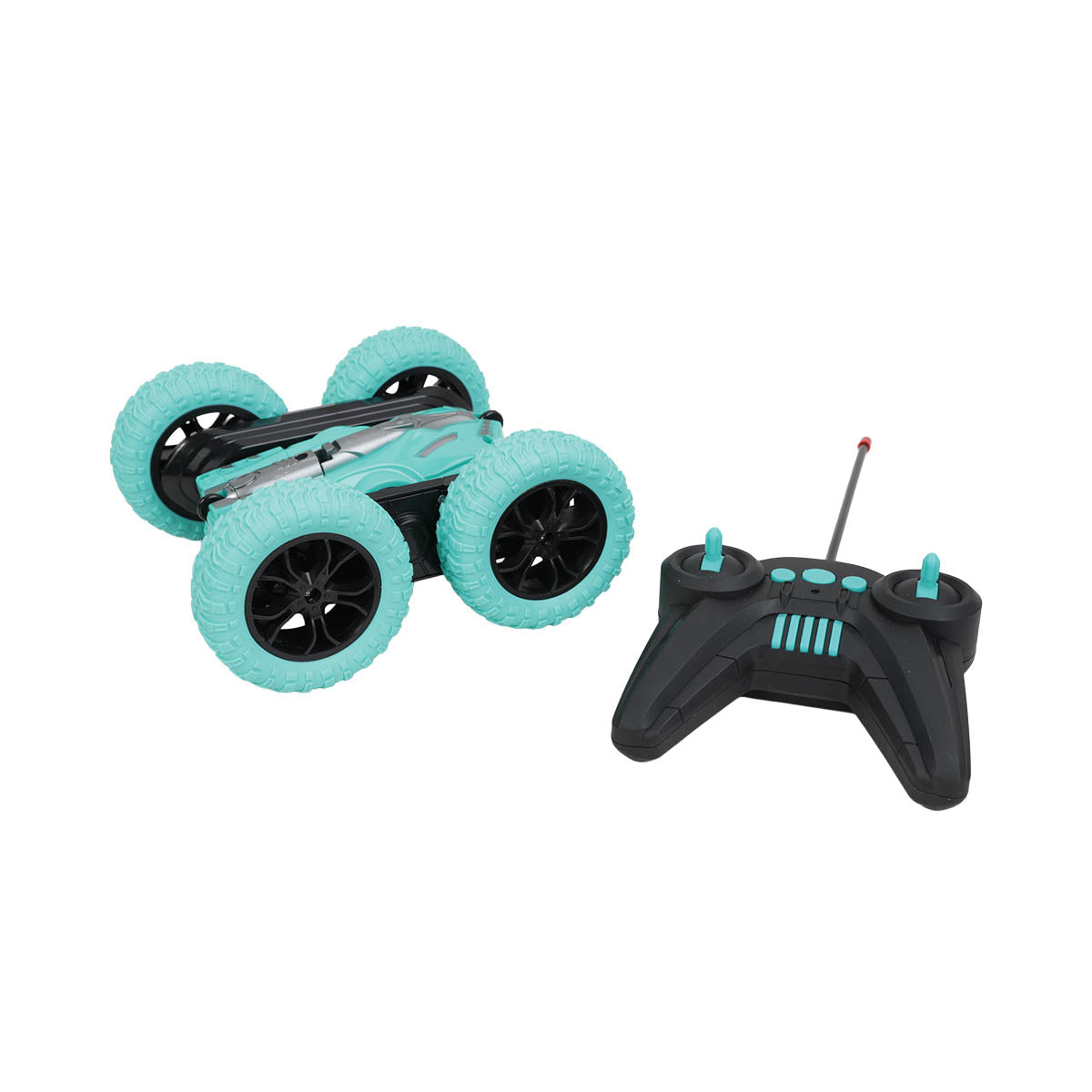 Turquoise stunt four-wheel car with fuzzy tires and handheld remote controller