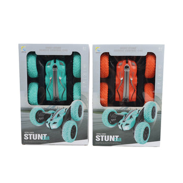 Boxed stunt four-wheel cars with lights: turquoise and orange, remote-control toy set
