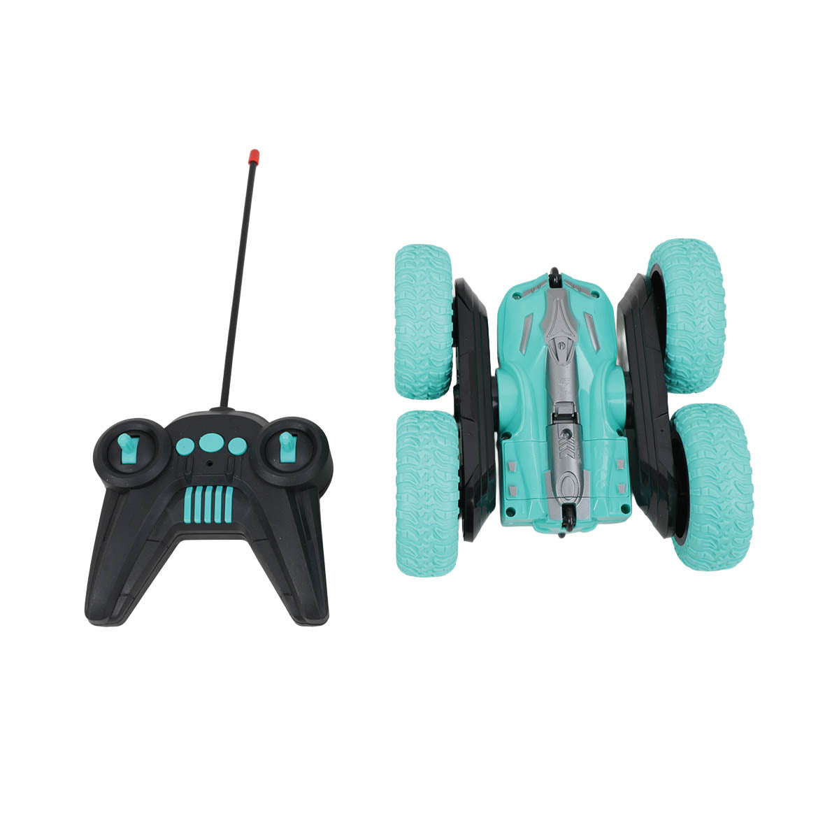 Turquoise remote-control stunt car with lights, plus black handheld controller