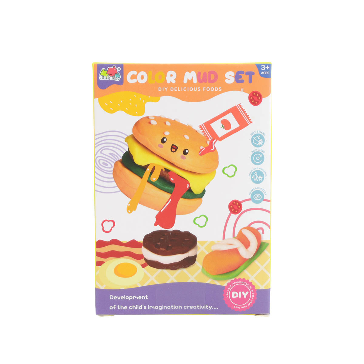 Boxed play dough set featuring an illustrated hot dog and rainbow food designs