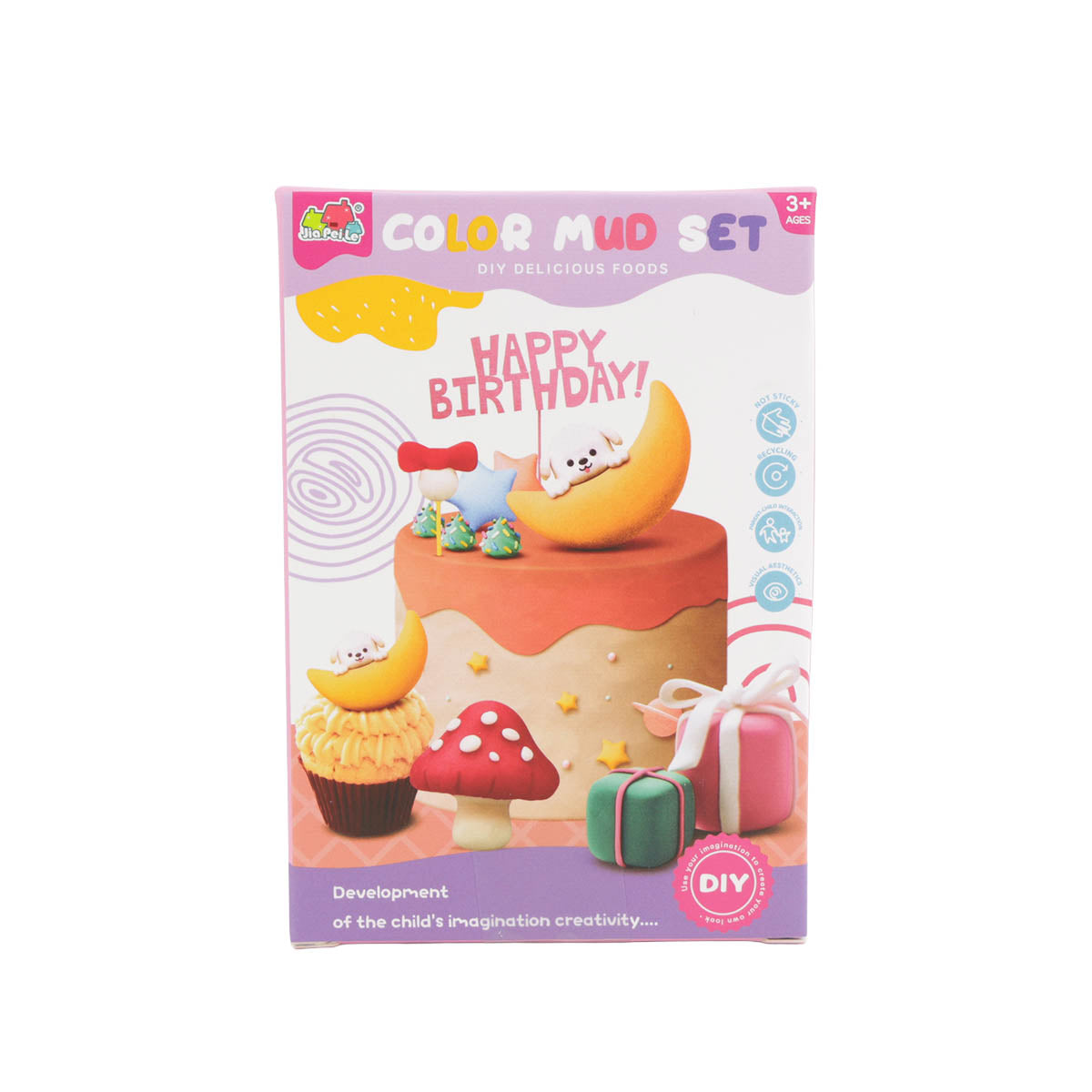 Play dough set in box with illustrated birthday cake and cupcake characters