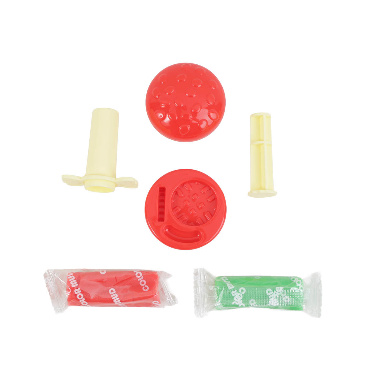 Play dough tools and molds with two dough packets in red and green