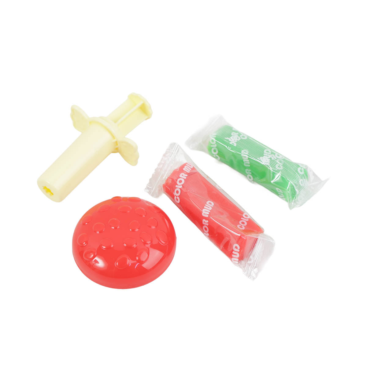 Red play dough mold and yellow stamper with two wrapped dough pieces