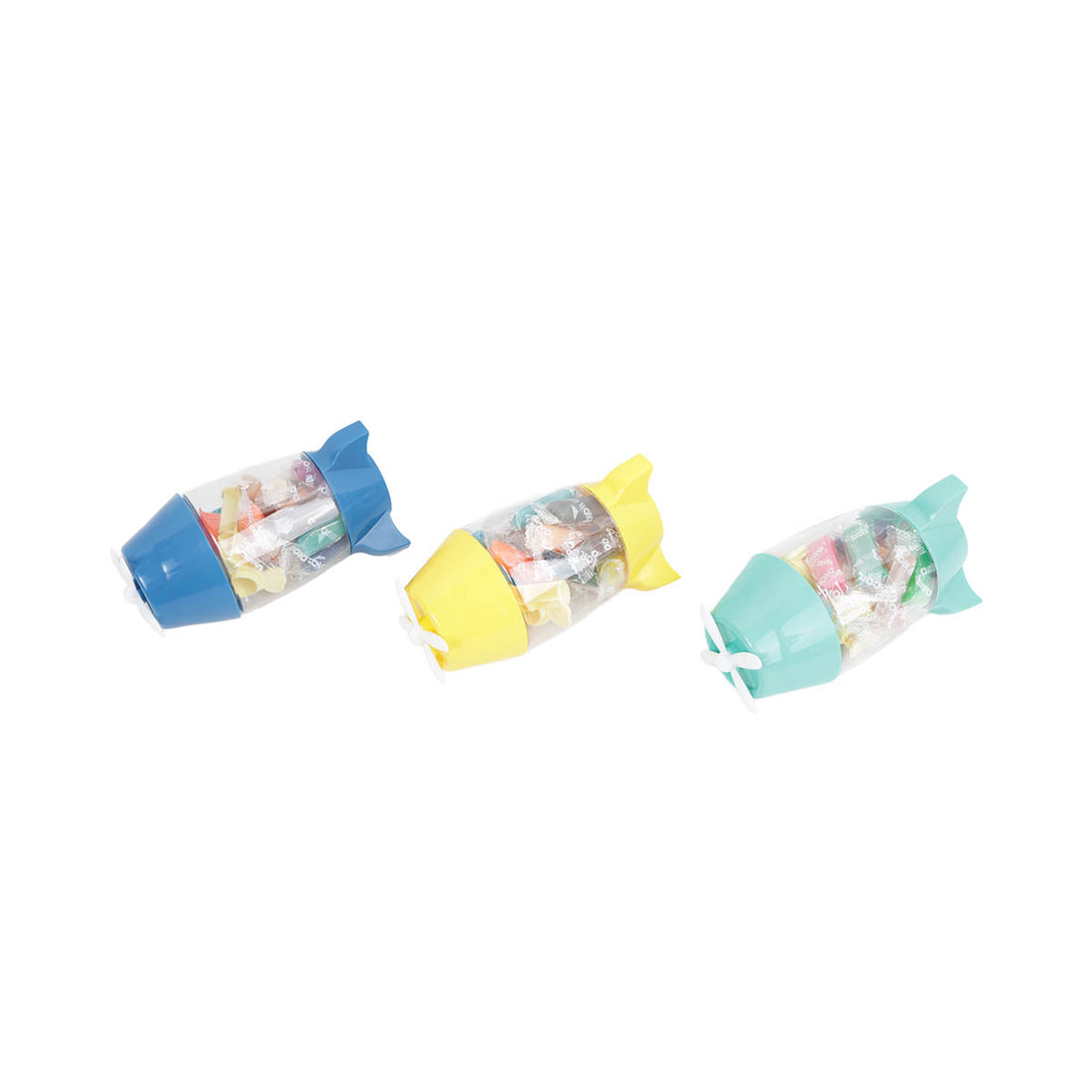 Three rocket-shaped mini bottles in blue, yellow, and turquoise with clear windows