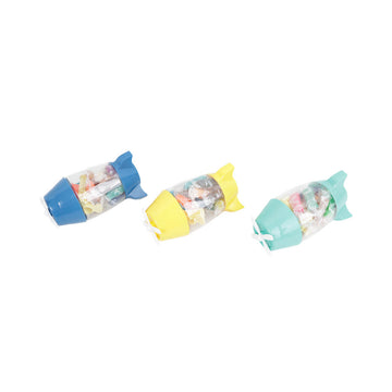 Three rocket-shaped mini bottles in blue, yellow, and turquoise with clear windows