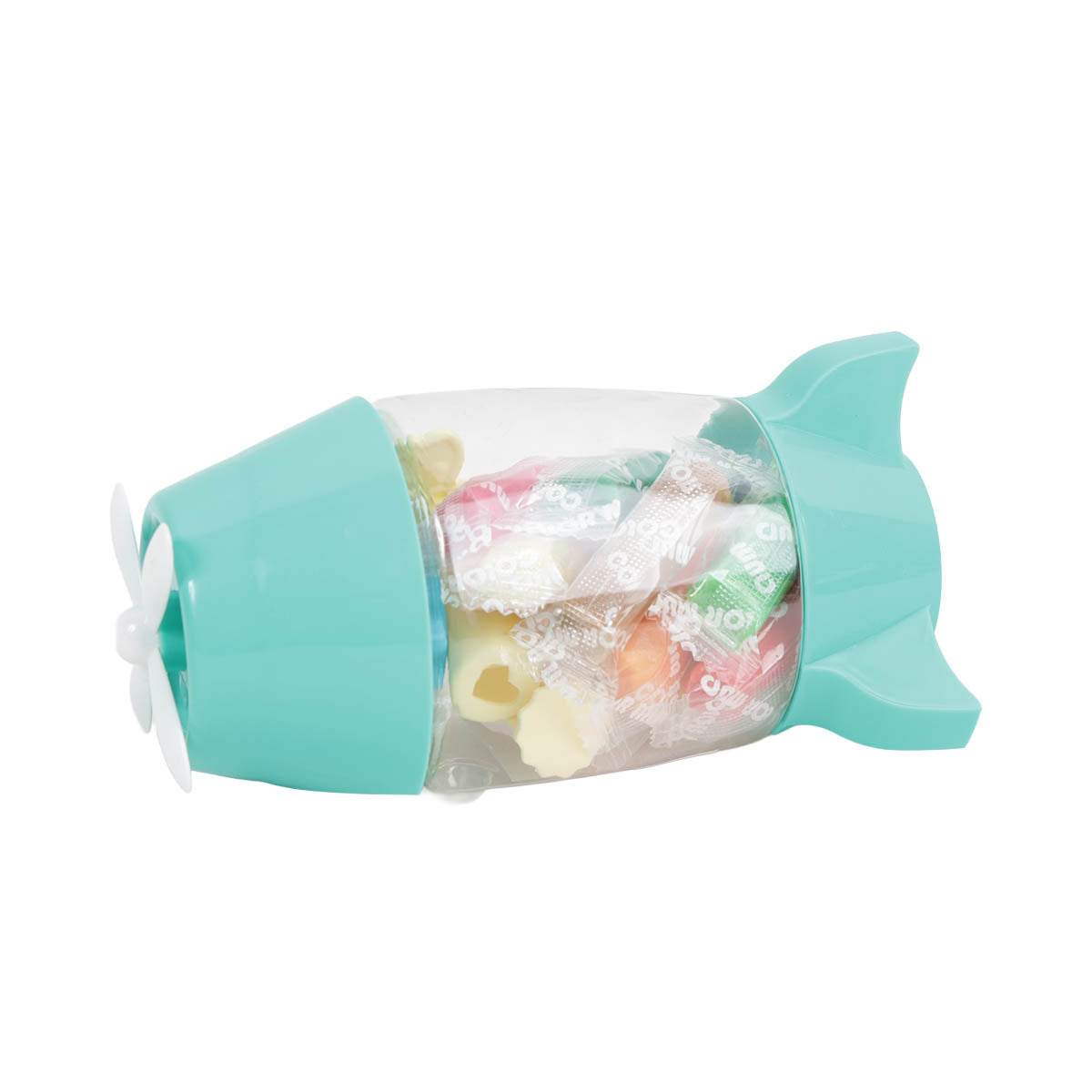 Turquoise rocket-shaped bottle with clear window and white propeller, filled with mini bottles