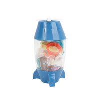 Blue rocket-shaped bottle with clear body and white top, filled with mini bottles
