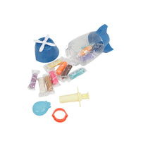 Assorted mini rocket bottles with caps, fins, ring, and propeller pieces in blue and yellow