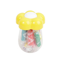 Yellow flower-lid clear container with assorted mini bottles inside