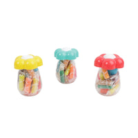 Set of three flower-lid clear containers in yellow, turquoise, and red