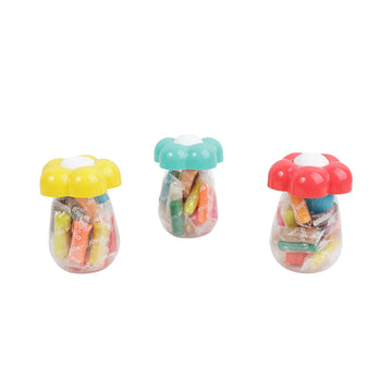 Set of three flower-lid clear containers in yellow, turquoise, and red