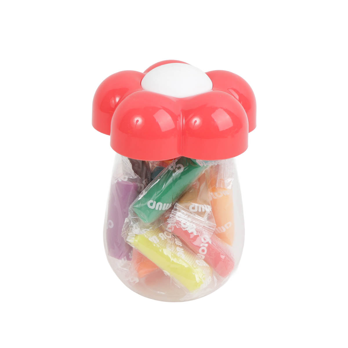 Red flower-lid clear container with assorted mini bottles inside