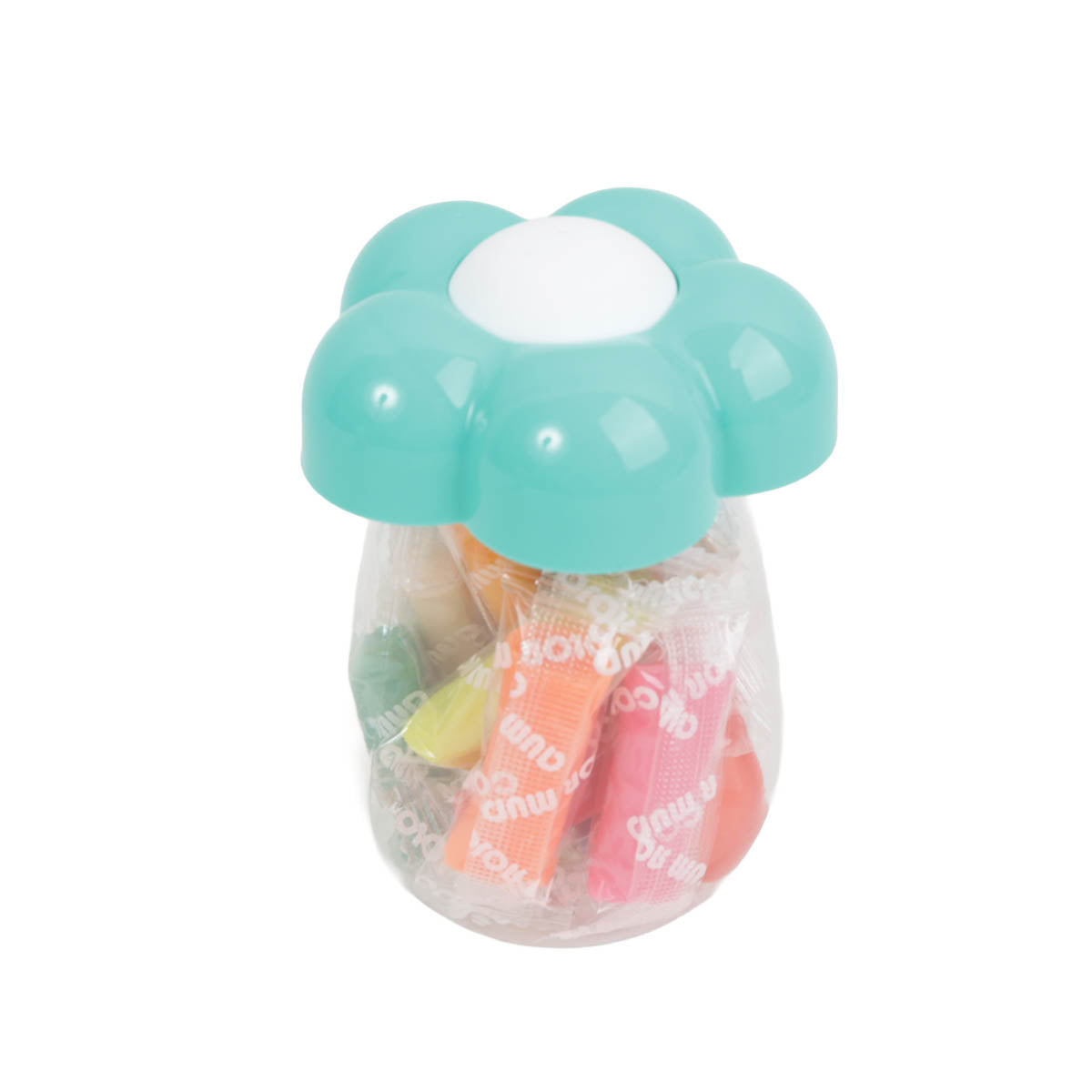 Turquoise flower-lid clear container with assorted mini bottles inside